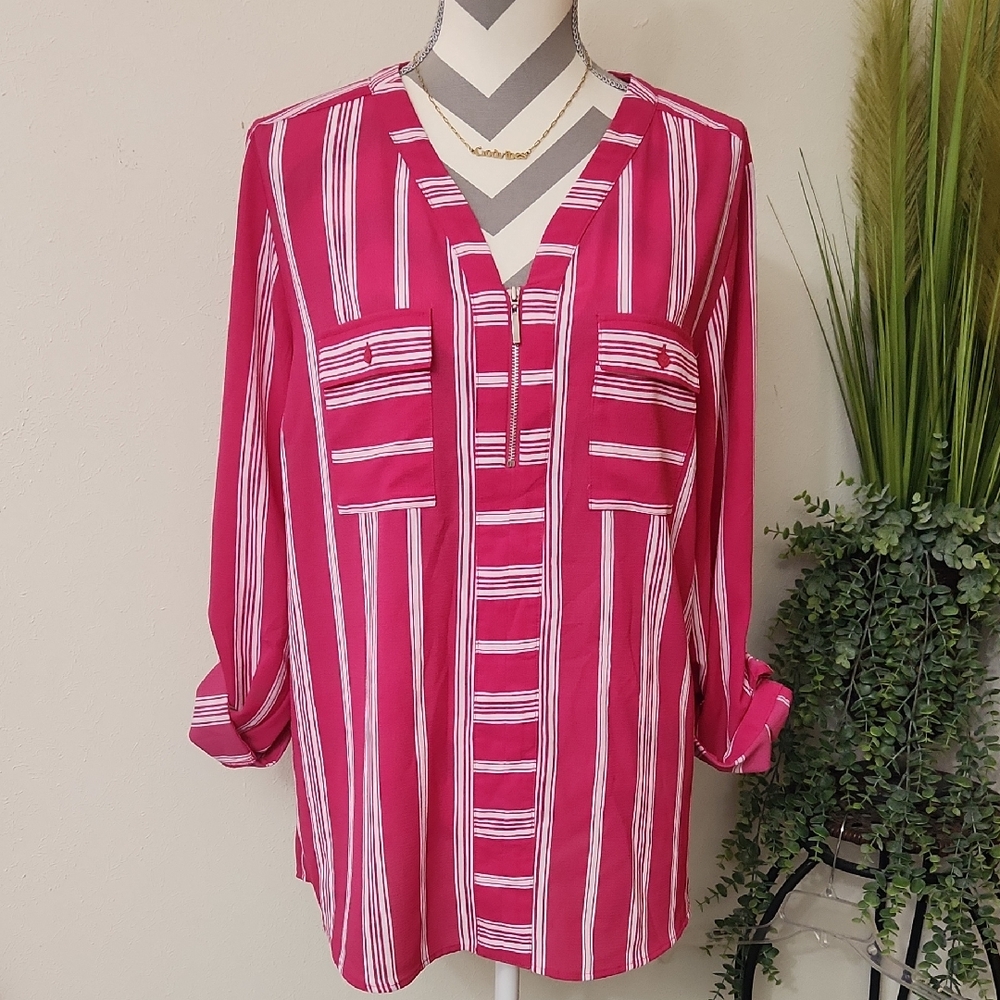 Kim Rogers Pink and White Striped V-Neck Blouse